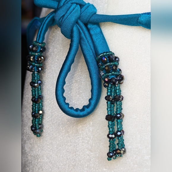 Beautiful Handmade Beaded Columbian thong Bikini. Sz. M. New. Aqua&Emerald. - Picture 7 of 14